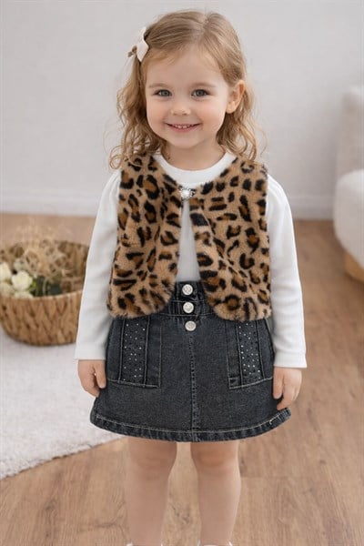 Leopar Yelekli Taş Baskılı Kot Etekli Etekli Kız Çocuk 3lü Takım (1-2/2-3/3-4/4-5 Yaş)