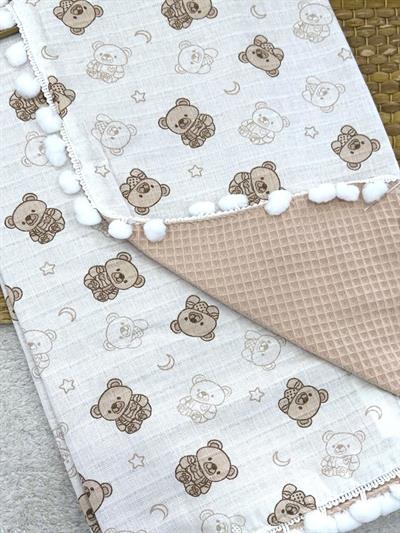 Kahve Ayıcık Baskılı Ponponlu Müslin Pike Bebek Battaniyesi 85X95 Cm