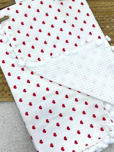 Küçük Kalp Baskılı Ponponlu Müslin Pike Bebek Battaniyesi 85X95 Cm