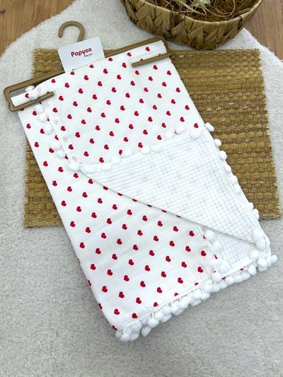Küçük Kalp Baskılı Ponponlu Müslin Pike Bebek Battaniyesi 85X95 Cm