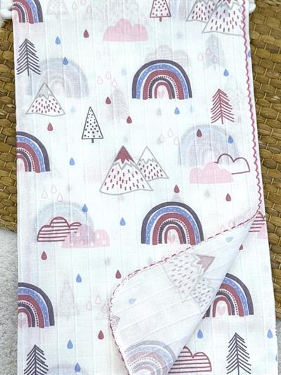 Desenli Kenarları Oyalı Müslin Bebek Battaniyesi 75X90 Cm