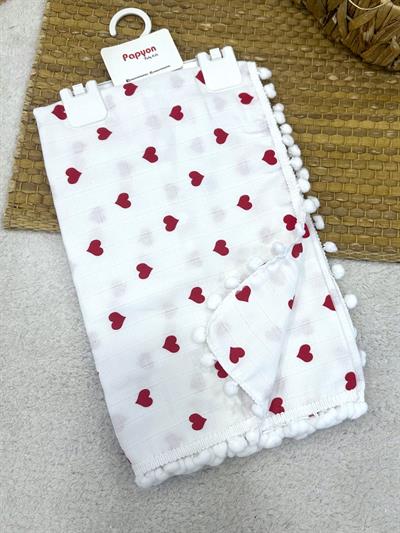 Kırmızı Kalp Desenli Kenarları Ponponlu Çift Kat Müslin Bebek Battaniyesi 80X90 Cm