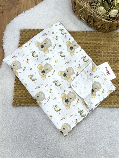Koala Desenli Kenarları Oyalı Müslin Bebek Battaniyesi 75X90 Cm