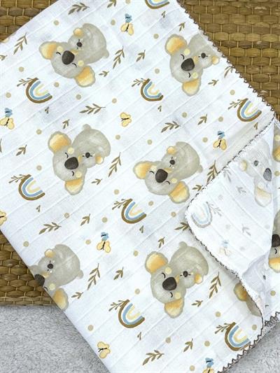 Koala Desenli Kenarları Oyalı Müslin Bebek Battaniyesi 75X90 Cm