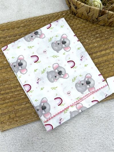 Koala Desenli Kenarları Oyalı Müslin Bebek Battaniyesi 75X90 Cm