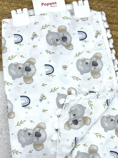 Mavi Koala Desenli Kenarları Ponponlu Çift Kat Müslin Bebek Battaniyesi 80X90 Cm