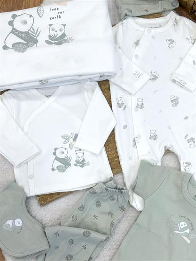 (Organik Ürün) Over Our Earth Panda Baskılı Tulumlu Yenidoğan Uniseks Bebek 10lu Zıbın Set Hastane Çıkışı
