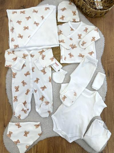 Ayıcık Desenli Tulumlu Natural Yenidoğan Uniseks Bebek 11li Zıbın Set Hastane Çıkışı