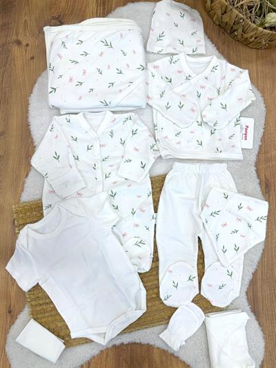 Kelebek Yaprak Desenli Tulumlu Natural Yenidoğan Uniseks Bebek 10lu Zıbın Set Hastane Çıkışı