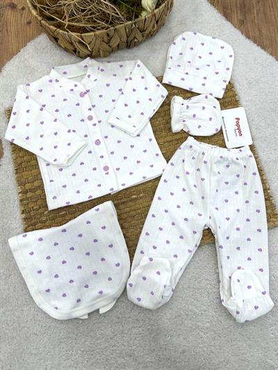 Kalp Baskılı Fitilli Yenidoğan Kız Bebek 5li Zıbın Set