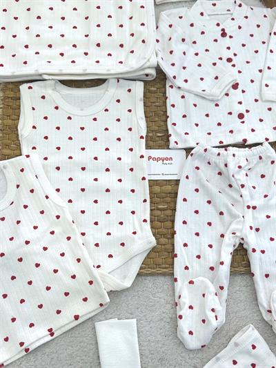 Kalp Desenli Fitilli Yenidoğan Kız Bebek 10lu Zıbın Set Hastane Çıkışı