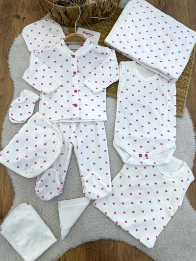 Kalp Desenli Fitilli Yenidoğan Kız Bebek 10lu Zıbın Set Hastane Çıkışı