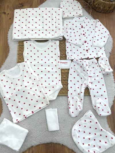 Kalp Desenli Fitilli Yenidoğan Kız Bebek 10lu Zıbın Set Hastane Çıkışı