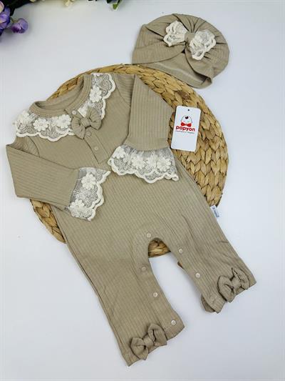 Brode İşlemeli Kız Bebek Bere Tulum Set 0-3/3-6/6-9 Ay