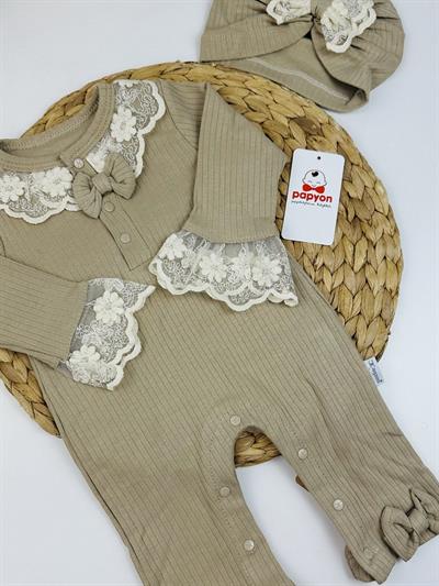 Brode İşlemeli Kız Bebek Bere Tulum Set 0-3/3-6/6-9 Ay