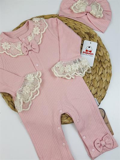 Brode İşlemeli Kız Bebek Bere Tulum Set 0-3/3-6/6-9 Ay
