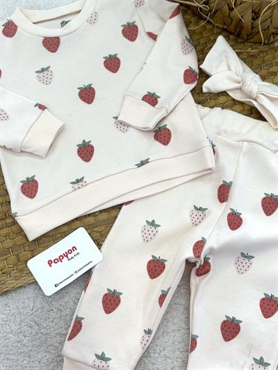 Çilek Desenli Omuzdan Patlı Kız Bebek Bandanalı Takım (3-6/6-9/9-12/12-18 Ay)