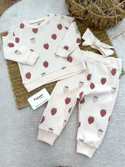 Çilek Desenli Omuzdan Patlı Kız Bebek Bandanalı Takım (3-6/6-9/9-12/12-18 Ay)