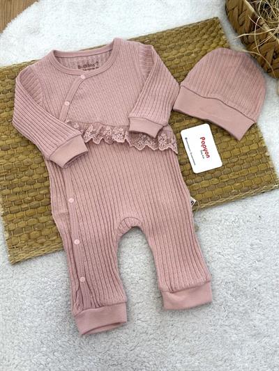 Jakarlı Belden Dantelli Bereli Kız Bebek Tulum (0-3/3-6/6-9 Ay)