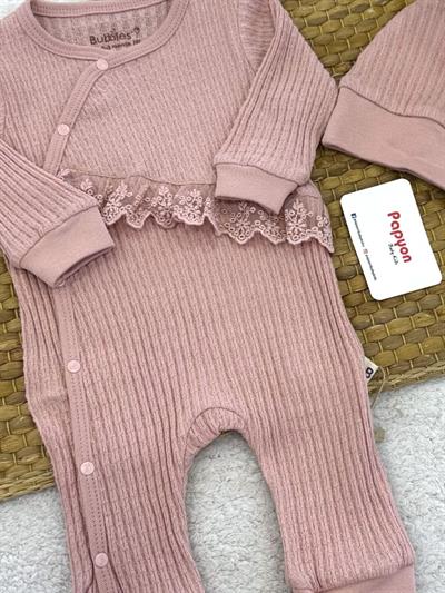 Jakarlı Belden Dantelli Bereli Kız Bebek Tulum (0-3/3-6/6-9 Ay)