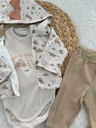 Dinozor Desen Hırkalı Erkek Bebek 3lü Takım 3-6/6-9/9-12 Ay