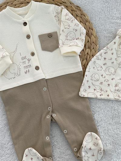 Fil Desenli Organik Erkek Bebek Patikli Tulum Bere Set 0-3/3-6/6-9 Ay