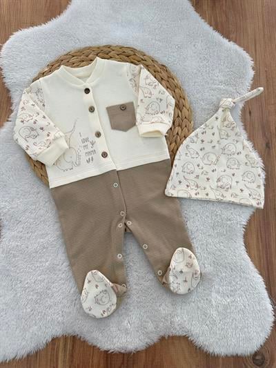 Fil Desenli Organik Erkek Bebek Patikli Tulum Bere Set 0-3/3-6/6-9 Ay