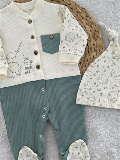 Fil Desenli Organik Erkek Bebek Patikli Tulum Bere Set 0-3/3-6/6-9 Ay