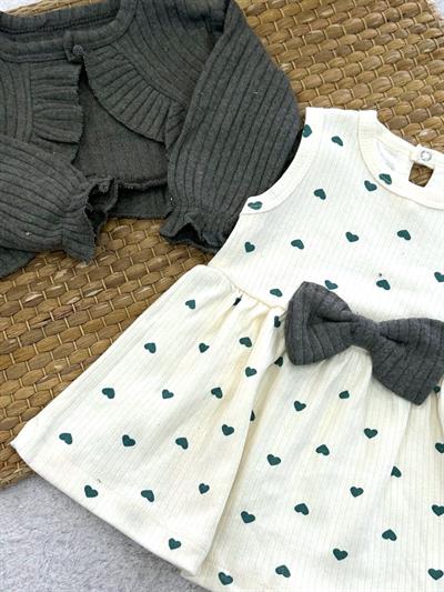 Fiyonklu Kalp Nakışlı Bolerolu Kız Bebek Elbise (3-6/6-9/9-12/12-18 Ay)