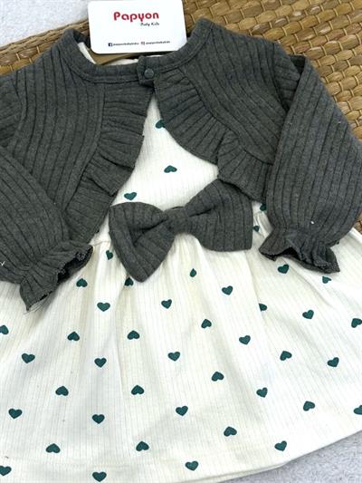 Fiyonklu Kalp Nakışlı Bolerolu Kız Bebek Elbise (3-6/6-9/9-12/12-18 Ay)