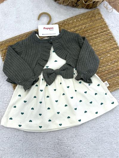 Fiyonklu Kalp Nakışlı Bolerolu Kız Bebek Elbise (3-6/6-9/9-12/12-18 Ay)