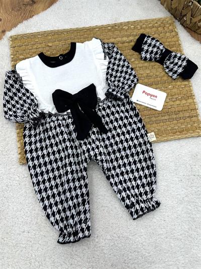 Kazayağı Desenli Fiyonklu Bandanalı Kız Bebek Tulum (0-3/3-6/6-9/9-12 Ay)