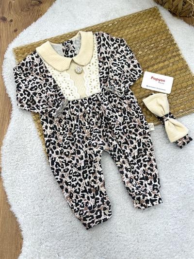 Leopar Desenli Bandanalı Kız Bebek Tulum (0-3/3-6/6-9/9-12 Ay)