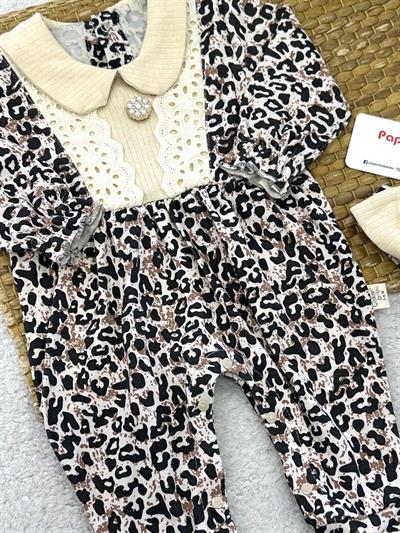 Leopar Desenli Bandanalı Kız Bebek Tulum (0-3/3-6/6-9/9-12 Ay)