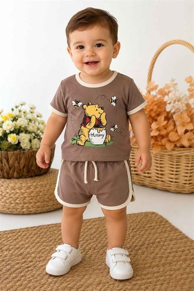 Ayıcık Baskılı Erkek Bebek Şortlu Takım (%100 Pamuk) (6-9/9-12/12-18/18-24 Ay)
