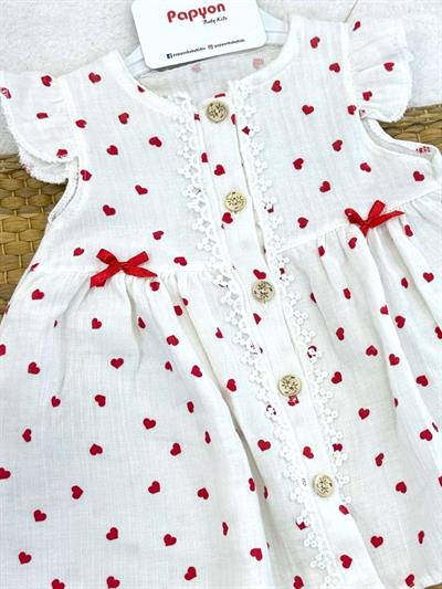 Kalp Desenli Aplikeli Kız Bebek Müslin Elbise (6-9/9-12/12-18 Ay)
