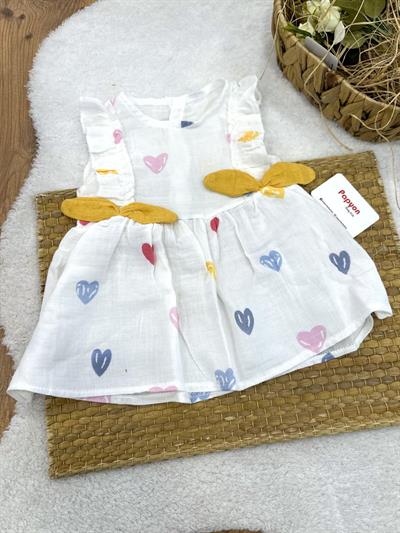 Kalp Desenli Fiyonklu Kız Bebek Müslin Elbise (6-9/9-12/12-18 Ay)