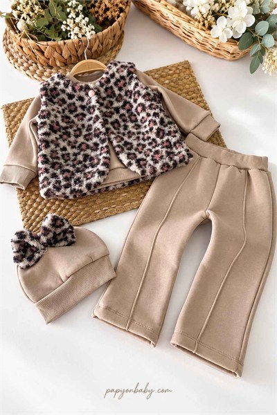 Leopar Desenli Peluş Yelekli Ayıcık Baskılı 3 İplik Şardonlu Kız Bebek 4lü Takım (6-9/9-12/12-18 Ay)