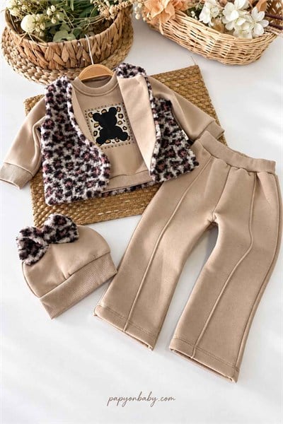 Leopar Desenli Peluş Yelekli Ayıcık Baskılı 3 İplik Şardonlu Kız Bebek 4lü Takım (6-9/9-12/12-18 Ay)