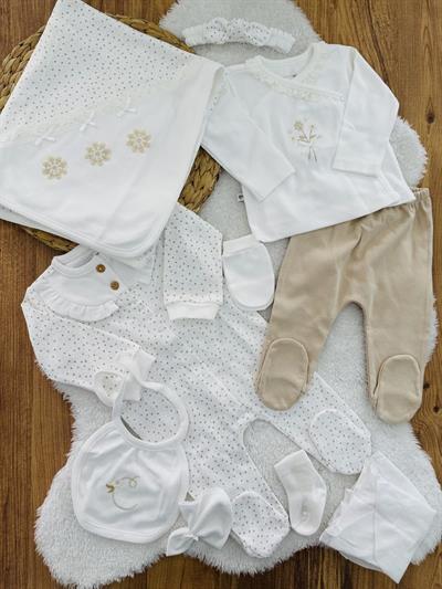 Çiçek Nakışlı Dantelli Tulumlu Yenidoğan Kız Bebek Organik 10lu Hastane Çıkış Seti