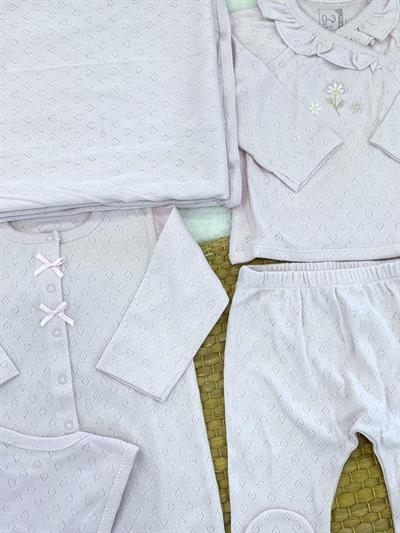 Çiçek Nakışlı Kalp Model Jakarlı Tulumlu Yenidoğan Kız Bebek 10lu Zıbın Set Hastane Çıkışı