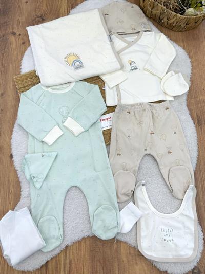 Güneş Gökkuşağı Baskılı Yenidoğan Erkek Bebek Tulumlu 10lu Zıbın Set Hastane Çıkışı