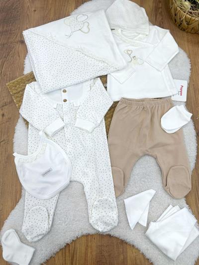 Kalp Nakışlı Yıldızlı Yenidoğan Kız Bebek Natural 10lu Zıbın Set Hastane Çıkışı