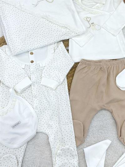 Kalp Nakışlı Yıldızlı Yenidoğan Kız Bebek Natural 10lu Zıbın Set Hastane Çıkışı