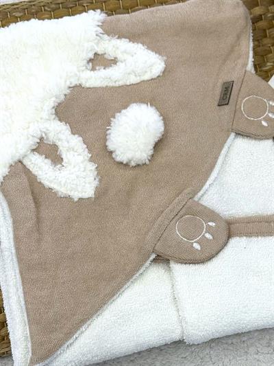 Peluş Ayı Nakışlı Kapşonlu Bebek Havlu + Kese 82X90 Cm