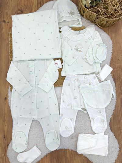 Süzene Kuzu Nakışlı Çiçek Desenli Yenidoğan Kız Bebek Tulumlu 10lu Zıbın Set Hastane Çıkışı