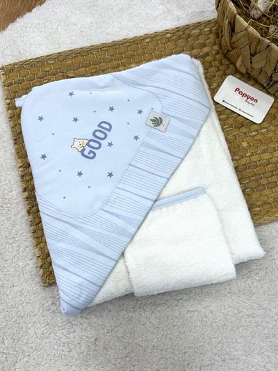 Yıldız Good Baskılı Kapşonlu Bebek Havlu + Kese 82X90 Cm