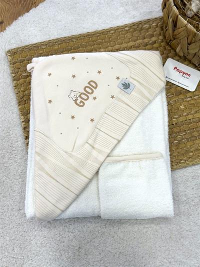 Yıldız Good Baskılı Kapşonlu Bebek Havlu + Kese 82X90 Cm