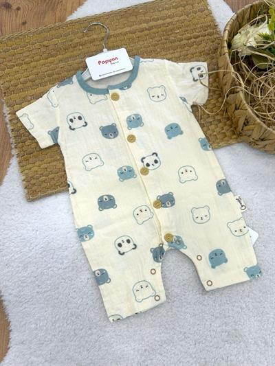 Ayıcık Desenli Erkek Bebek Yazlık Müslin Tulum (3-6/6-9/9-12/12-18 Ay)