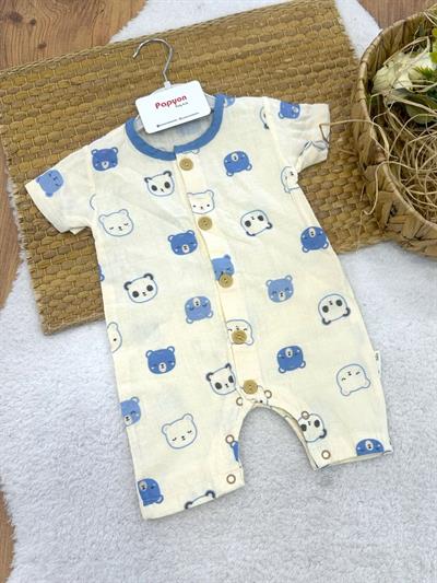 Ayıcık Desenli Erkek Bebek Yazlık Müslin Tulum (3-6/6-9/9-12/12-18 Ay)